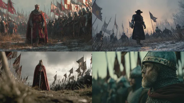 英格兰的爱德华二世国王于1314年班诺克本战役中站在他的军队面前，徒步而行。他身着14世纪早期的英国锁子甲和一顶宽边头盔，王室外袍略有撕裂，未见马匹。他坚定地站立着，身后是成排的英国步兵和骑士，旗帜在寒风中飘扬。脚下是泥泞的战场，践踏过的草地和折断的长矛。阴沉的苏格兰天空，灰白的日光。国王清晰对焦，身后的军队略有模糊。用50毫米镜头拍摄，电影视角，浅景深。超逼真的皮肤、织物、钢铁和泥土纹理。自然光，柔和的中世纪色调，历史准确性，戏剧性但克制的现实主义。