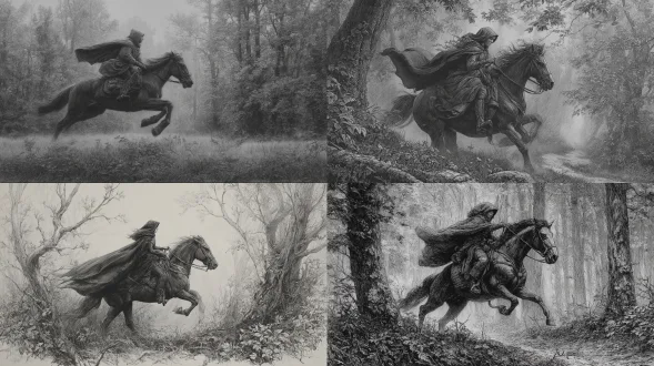 一幅超写实铅笔素描，描绘一位身着斗篷的少女骑马在森林中逃窜。他们处于中景——前景被杂乱的森林占据。他们沿着一条杂草丛生的小路疾驰。场景是在黎明时分。马全速奔跑，耳朵向后贴。女孩穿着斗篷和兜帽，将自己遮住。她回头张望，仿佛害怕有什么在追她。整个场景营造出一种紧迫和恐惧的氛围，马和骑手以最快速度在森林中逃离