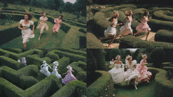 一幅时尚编辑作品，展现三位身着白色和粉色连衣裙的女士在英式花园迷宫中奔跑嬉戏，风格模仿蒂姆沃克的摄影