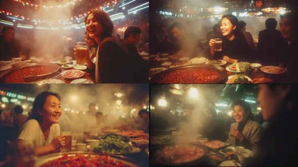 一幅夜间在喧闹繁忙的四川麻辣火锅店中，一位年轻日本女商人的 candid 彩色胶片照片。她欢快地大笑，双手捧着一大杯啤酒，看向镜头外。她的脸部略有模糊。温暖、热气腾腾的氛围，头顶灯和霓虹灯混合光源营造出复杂的阴影。沸腾的红色火锅装满辣椒和四川花椒，是桌子的中心，周围是生肉盘、蔬菜和蘸酱碗。浓重的蒸汽模糊了背景顾客。带有胶片颗粒质感