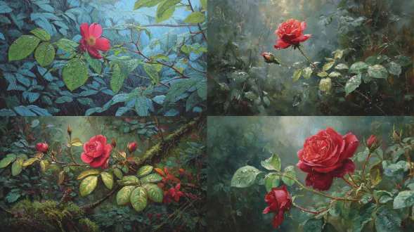 一朵野生玫瑰，傲然挺立，鲜艳的鲜红色，高高昂着头绽放。在这片潮湿的森林里，树枝和树叶挂满雨滴，一场暴风雨即将来临。一股强风从背后推动我们前行，风将承载我们的歌声。画面呈复古古典油画风格，细节精致，完全是二维视角。整个背景充满奇幻浪漫的光芒，象征着坚定不移的爱情，营造出迷人、欢快且纯粹浪漫的氛围