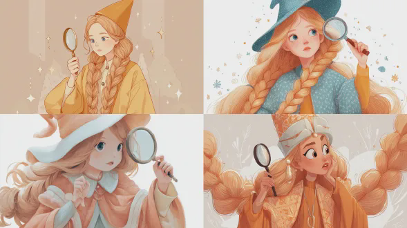 cute princess, pastel orange long braided hair, wizard's hat, transparent wizard's robe, holding a magnifying glass, girly, illustration-style, dreamy pastel brilliance