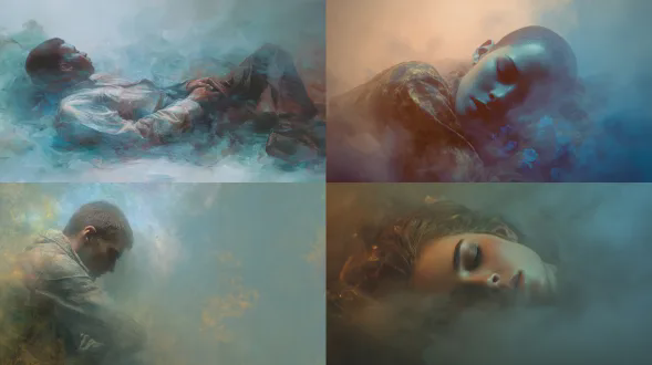 a resting figure surrounded by fogged ambers and desaturated blues, skin tones muted, light diffused, no sharp edges, emotional stillness, dream softness