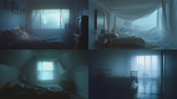 a quiet bedroom where the ceiling dissolves into pale sky, walls thinning into mist, bed anchored while the rest of the room floats upward, gravity dissolving softly, muted blues and pearl tones, cinematic dream realism, 50mm lens, f/1.8