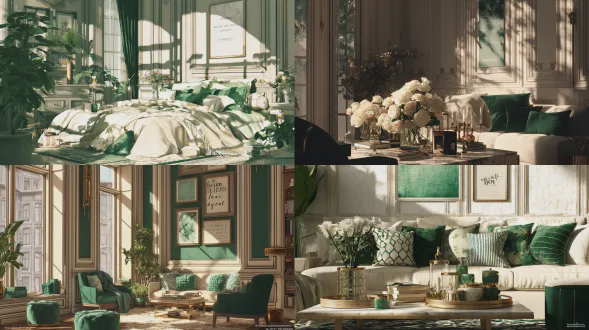 高时尚编辑室内场景， featuring奶油色调公寓，森林绿装饰元素，优质纹理，奢华美学，简洁构图，墙上有“born heir”字体海报，超细节，8k