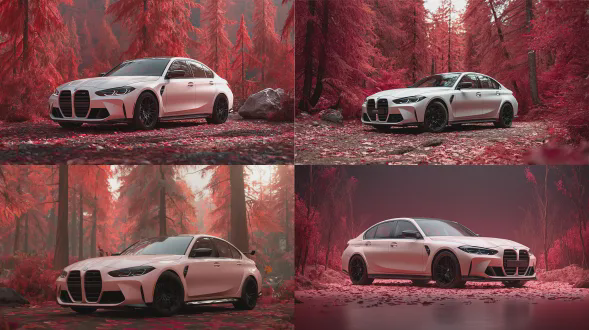 2024款白色糖果色宝马m3竞赛版停在红色森林前，配有黑色轮毂，背景深沉，地面散落着玫瑰花瓣，完美用作手机壁纸，环境和花朵皆为红色