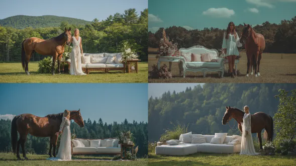 一位身穿白色连衣裙的女子站在棕色马旁边，站在有白色靠垫的大沙发附近的绿色草地上，背景是森林，蓝天，树木，草地，户外摄影，白天，照片写实，细节丰富，高分辨率，佳能eos相机，f/8光圈设置，自然光，柔和阴影和光线，波西米亚风格，简约，线条简洁，奢侈品牌美学，优雅，精致，奢华，整洁，现代，简约