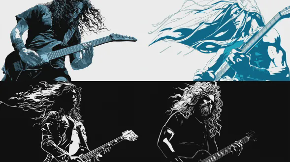 原始的重金属吉他手角色，长发在动态中动感飘扬，有力的舞台姿态，手持电吉他。清晰的矢量插画，adobe illustrator风格的插图，粗重的轮廓，锐利精确的线条，戏剧性的高对比度剪影。极简的、受控的渐变仅用于表现深度，纯色填充，高对比度的色彩搭配。头发用流动的、分层的矢量形状绘制，强调能量和动感。服装以简化的褶皱和风格化细节绘制，同时保持真实感。光线是定向但柔和漫射的，在不打破平面矢量美学的情况下创造微妙的深度。插画艺术风格受经典重金属音乐能量启发，具有激进但清晰的视觉语言，不参考任何真实乐队、音乐家或可识别的人物。简洁干净的背景以突出角色。超锐利、可缩放的矢量设计，适合印刷，具有编辑和商业质量，无纹理，无模糊，无光栅效果