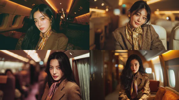 电影风照片,捕捉到一位25岁韩国超模的 candid 瞬间，她有着浓密的黑发，正坐在豪华国际航班的空乘跳座上，直视镜头，表情自然舒适。她穿着定制的棕色机组制服，配有丝巾和与服饰图案相似的名牌。房间被温暖的环境led灯微妙照亮，营造出舒适氛围，背景是微微模糊的飞机过道和高级座椅，灯光凸显制服纹理与室内质感