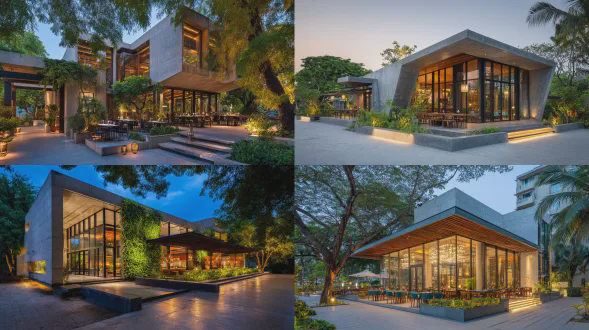 简约现代印度建筑餐厅，伦佐·皮亚诺风格，大型落地窗展现葱郁绿色植物，傍晚柔和自然光洒入室内，环保家居设计，混凝土与木材材质，几何线条，室内温暖灯光与室外暮色蓝光交织，广角镜头拍摄，建筑摄影，黄金时刻光线，浅景深，宁静高级感，自然色调与点缀色。