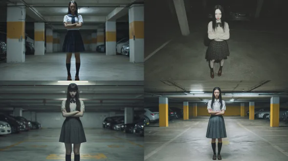 全身照，一位年轻的长发日本女孩，眉头微微皱起，佯装生气的表情。她有着瓷器般完美光滑的皮肤，精致的面部轮廓，细长的脸型，明显的非高加索人种特征。拥有极其苗条的身材，窄肩，修长的四肢和清晰可见的锁骨，她穿着经典的日本jk制服搭配百褶裙，黑色的长袜，以及棕色乐福鞋。她站在地下住宅停车场，双臂交叉在胸前，直视镜头。浅景深，8k分辨率。电影级超写实3d角色建模，用octane渲染器和虚幻引擎5渲染。皮肤呈现次表面散射效果，布料纹理以超写实精度模拟