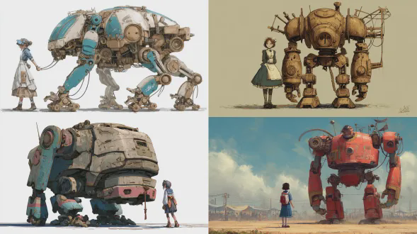 半机械女孩和她巨大的机械机器人伙伴一起行走，密切合作，稍有完善，一致且连贯