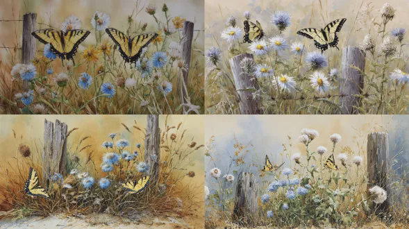 两只金色凤蝶，停歇在蓝色雏菊、白色伞状野花、枯萎的蓟头和高草间，旁边有木栅栏柱。玛乔丽巴斯廷的标志性水彩风格（干画法结合湿画法），细腻逼真的质感，明亮柔和的自然光，一幅田园场景，自然绿调与暖调融合（湿画法用于细节融合！），精致的植物/昆虫纹理，朦胧柔和的背景。主体位于画面中心，画面四边大面积留白