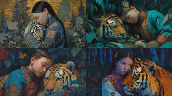 油画特列季亚科夫风格，蓝脸中国女孩与老虎相依，民族服饰细腻绣花，表情宁静神秘，西伯利亚森林黄昏，金色侧光，史诗感构图，浓郁色彩，厚涂笔触，超现实主义，肖像画，深邃情感，庄严氛围，象征主义。