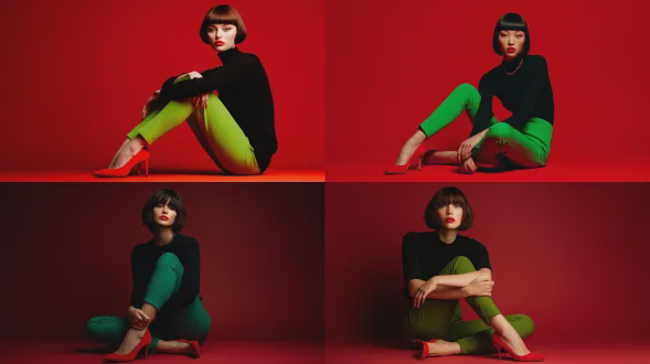 高时尚编辑风格女性肖像，她轻松自信坐在地板上，双腿不对称折叠，手臂随意搁置，身着黑色极简连衣裙、鲜艳绿色紧身裤和亮红色高跟鞋，自然妆容搭配大胆红唇，棕色短发带柔和刘海，纯深红工作室背景，简洁构图，红绿黑强对比色彩，复古现代美学，时尚编辑摄影，柔和定向工作室灯光，清晰对焦，逼真皮肤纹理，电影色调分级，杂志级造型