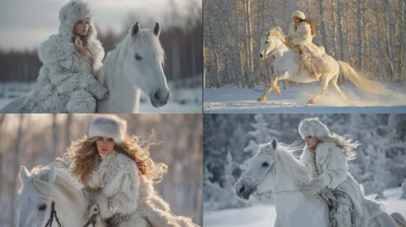 超写实时尚摄影，一位强大斯拉夫模特，高颧骨锐利眼神，骑白色骏马穿越雪中白桦林，身穿奢华白色北极狐毛皮大衣与毛皮帽，双腿修长紧实，动态姿势，风吹发丝毛皮飘动，黄金时刻，轮廓光，电影质感中画幅胶片，彼得·林德伯格风格，戏剧性自然光线，皮肤霜冻细节，毛皮细丝，vogue杂志编辑风格，冷色调，史诗感，强大而宁静。