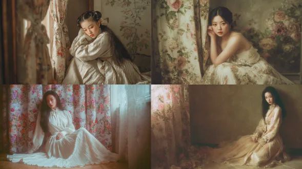 洛可可风格肖像画，中国女子身着象牙色褶皱长裙端坐，花卉帷幔旁，表情温婉含蓄，华丽室内背景，柔和哑光光线，温暖低饱和度色调，绘画质感，85mm镜头，复古腮红预设，柔焦效果，细腻肤质，优雅宁静。