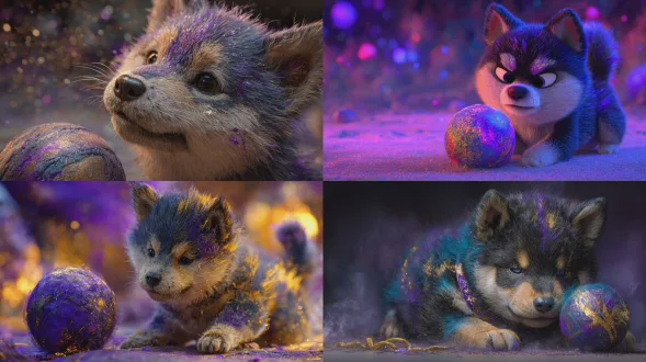 一张皮克斯电影风格的照片，描绘了一只极其可爱、异想天开的牛头梗幼犬，具有夸张的、粗略的特征，狡猾的表情，以及充满活力的、带有紫色、蓝色和金色点缀的粉彩色调的毛发，正在玩一个大球，带有一丝黑暗幻想色彩，仿佛在充满魔力的梦幻世界中被捕捉到冒险的瞬间。