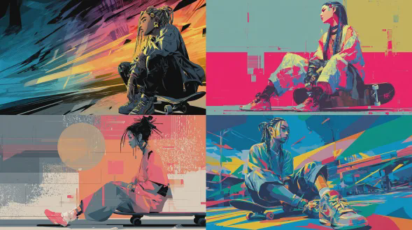 未来主义抽象插画，描绘一位留着脏辫的亚洲中国少女，随意地坐在路边，滑板放在身下，脸朝向右侧，棱角分明的金属形状，程式化的姿势，大胆对比的调色板，抽象的街道纹理，现代图形美学。