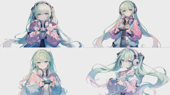 未来感十足的女性游戏玩家 miku，休闲未来主义服装（如机器人风格），超大粉色和浅蓝色夹克，绿色到浅蓝色渐变的长波浪发，佩戴可爱的耳机，手持简单的游戏控制器，自信的微笑，动漫风格，笔直站立，面向前方，纯白色背景