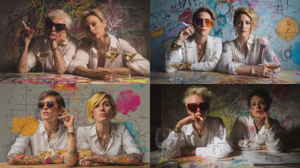 两位身穿白色衬衫的女士在桌旁就坐，桌上放着红酒杯的特写、宽松的水彩和墨水草图。其中一位女士戴着太阳镜并拿着香烟，另一位女士留着金色短发。她们身上画着色彩鲜艳的涂鸦，周围则绘制着抽象线条。