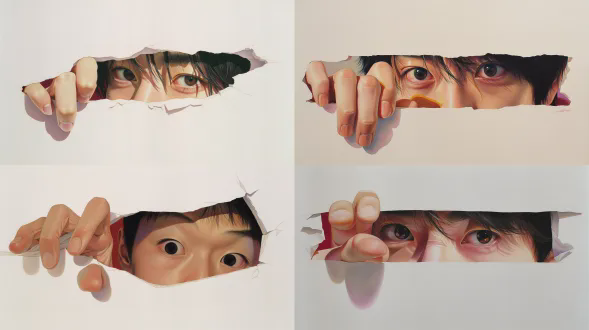 一幅画中，一个年轻人的手从纸上的白色洞口中探出，是一位短黑发、大眼睛的亚洲青年男子。眼睛透过前方的洞口探出，五官精致，风格类似志村秀美，画风极为写实，光线柔和，线条细腻，水彩技法。颜色包括银色、棕色、粉色、绿色、黄色、橙色、紫色、蓝色、灰色、浅金色和深红色