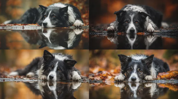 一只黑白边境牧羊犬躺下，将头枕在秋季水坑的水中，爪子悬在边缘。倒影完美地镜像在静止的表面上。高分辨率摄影。