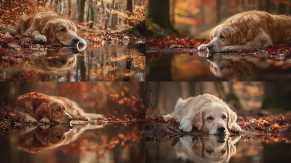 一只金毛猎犬躺在秋季森林地面，头枕在清澈水坑中休息，爪子悬于边缘。平静水面完美镜像倒影，周围是金色与红色的落叶。高分辨率摄影，浅景深，50mm镜头，柔和的午后阳光，温暖色调，宁静安详，超详细毛发，环境肖像，微距细节，电影感光影。