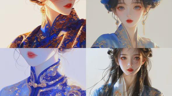 一位古代中国美人的上半身肖像，精致优雅，蓝金色东方调色板，精致的五官，带有刺绣图案的丝绸汉服，柔和的光晕照明，高级时装东方社论风格，干净的背景，奢华插画，超清晰对焦，8k，杰作。