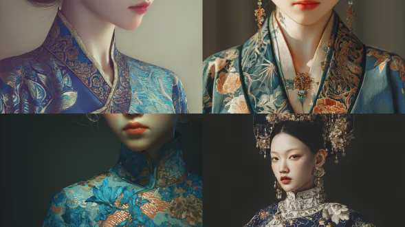 一位古代中国美人的上半身肖像，精致优雅，蓝金色东方调色板，精致的五官，带有刺绣图案的丝绸汉服，柔和的光晕照明，高级时装东方社论风格，干净的背景，奢华插画，超清晰对焦，8k，杰作。