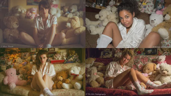 一位神情轻松、带着俏皮眨眼表情的年轻女性。她的头发自然披散，呈现略凌乱的“刚起床”状态，完全没有任何发饰、发夹、缎带或夹子。氛围随性而真实。:穿着舒适白色缎面睡衣套装（衬衫与短裤），布料柔和反光，搭配简约白色袜子。 温暖、凌乱却可爱的卧室，充满舒适感。她慵懒地躺在柔软布沙发上，沙发与地板周围散布可爱的泰迪熊与毛绒玩具，营造柔软“卡哇伊”却真实生活的氛围。背景暗示一个温馨居家夜晚。"