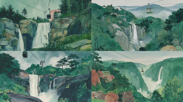 韩国庆尚北道龟尾市，水彩风格，瀑布 cascading 而下岩石峭壁，缆车在上，郁郁葱葱的绿色植被，薄雾，半透明水彩纹理，宁静的自然景观