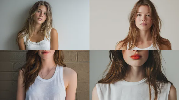 详细拍摄一件白色的bella canvas 6682款短款坦克背心，无图案，展示在一位20出头的年轻女性身上，采用休闲的pinterest时尚街拍风格，留着自然垂落的长发，中间有柔和的分缝，发型随性，化着淡妆，表情中性，没有摆拍，呈现自然抓拍的感觉