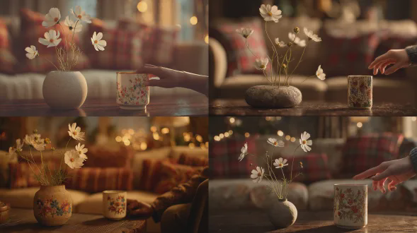一幅高度细致的生活方式静物图像，具有暖色调的“ins”美学风格。在左下角前景，几朵精致的白色 cosmos 花，带有纤细的绿色茎和阳光黄色的花心，放置在一个简约的、具有石头纹理的圆形陶瓷花瓶中。在右下角，一个人的手定格在动作中，伸向一个装饰有复杂多色花卉插图的白色陶瓷杯。场景设置在深色木纹桌子上。背景是柔和梦幻的散景效果，呈现出一个舒适的客厅，有米色织物沙发和温暖的红棕格子抱枕。整体光线是柔和的金琥珀色，仿佛黄昏时阳光透过薄纱窗帘。低对比度，丰富的暖色调，柔焦，胶片质感，50mm镜头，f/1.4光圈效果，亲密的家庭氛围