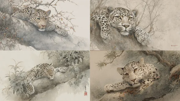 一只雄伟的豹子躺在树上，表情温柔慈爱。它的皮毛极其细腻且有层次，每一根毛发都用精细的画笔技法细致描绘。脚垫和胡须栩栩如生，具有中国传统工笔画风格。浅墨色背景带有微妙的灰色大理石纹理，有宣纸的光滑质感，空白处极少，色彩温暖柔和