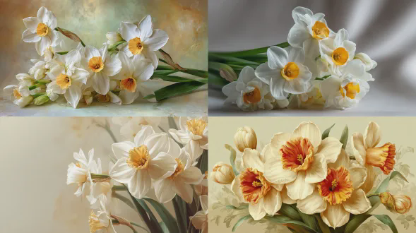 构图聚焦于一束奢华复古风格的盛开水仙。每朵花有六片纯白花瓣环绕明亮暖黄色花蕊，搭配修长繁茂的绿叶。花朵饱满舒展，主要布置在画面右侧和下部，背景是柔和浅渐变。整体色调以象牙色和浅黄为主，点缀复古绿和暖金细节，营造优雅浪漫的复古氛围。风格唤起精致细腻的欧洲植物插画，具纹理印刷质感、精细写实线条和丰富色彩渐变。非中心构图让花朵自然舒展，呈现视觉动态且华丽的图像，和谐融合高级时尚与古典艺术感。