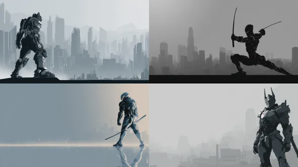 穿着黑色和银色盔甲的暗影武士，背景为雾气笼罩的城市，动态战斗姿势，赛博朋克氛围，矢量艺术风格，极简构图，作者：新川洋