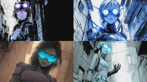 佩戴发光蓝色护目镜的未来女猎人，拥有机械手臂，站在霓虹灯闪烁的小巷中，动漫水墨风格，高对比光影，干净的矢量插画，作者：新川洋二