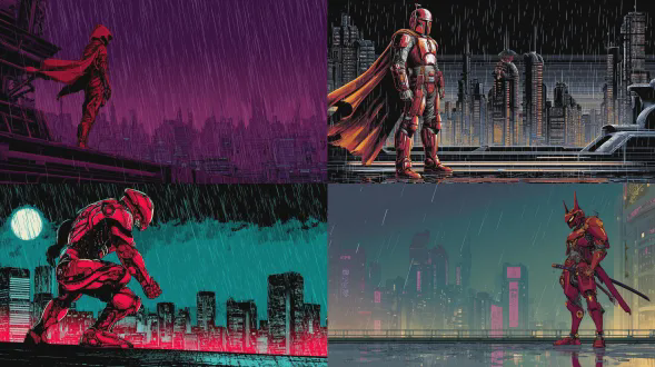 穿红色金属盔甲的仿生赏金猎人，立于霓虹都市天台，雨滴反光，矢量赛博朋克风格，作者：新川洋二