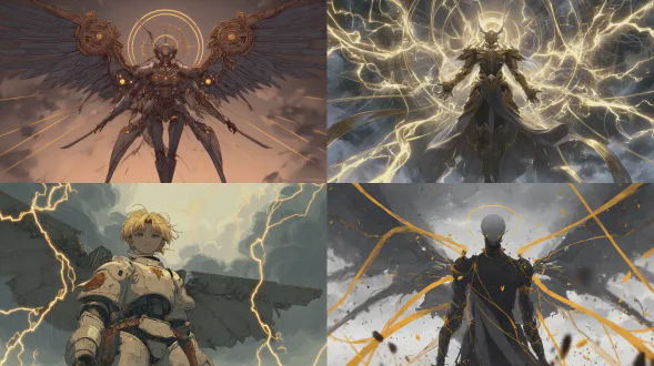 身披带有金色能量线的装甲骑士，立于暴风云下，机械翅膀展开，电影构图，动漫艺术风格，暗色调，作者：新川洋二