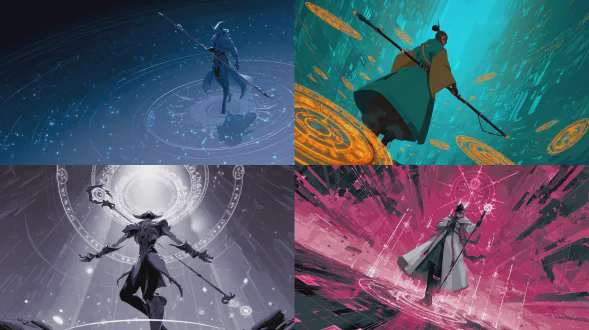 手持赛博法杖的未来法师，身旁环绕发光符文，漂浮于数字虚空中，戏剧化透视构图，干净矢量插画，作者：新川洋二