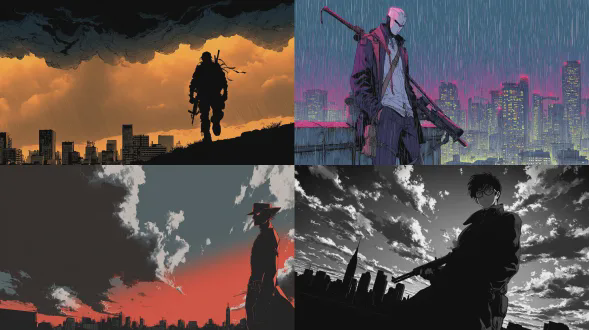 戴面具的战术侦探，在暴风雨的城市天际线下，强烈明暗对比光影，动漫笔触风格，作者：新川洋二