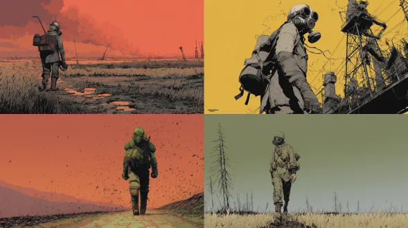 穿破旧盔甲、戴防毒面具的孤独幸存者，行走在辐射荒原中，低饱和色调，矢量勾线艺术，作者：新川洋二