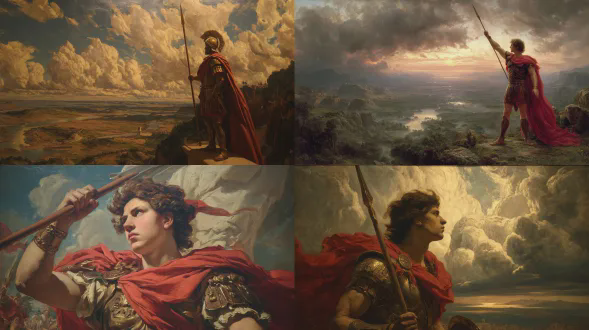 罗马神话中的创始人罗慕路斯，英雄古典绘画风格，戏剧性的天空，神圣的光芒穿透云层，罗慕路斯身披红色斗篷，身着青铜铠甲，高举长矛，标记未来城市的神圣边界（pomarium），他身后台伯河波光粼粼，远处是早期罗马的景象，寓言般的氛围，丰富的绘画笔触，高细节，文艺复兴/新古典主义杰作氛围，构图平衡，无文字，无水印