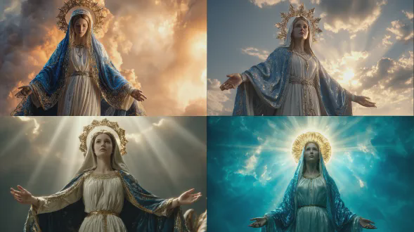 电影画面，展现作为天堂女王的圣母玛利亚，身披发光的白色与蓝色披风，头戴金光闪耀的光冕，双臂张开流露怜悯之情，身后有强烈的神圣光线射出，伴有轻柔的云朵、神圣的天空、神圣的光环，营造出情感化的精神氛围，具有戏剧性的光线、体积光，超写实，尽显神圣 presence，高细节，是杰作，4k