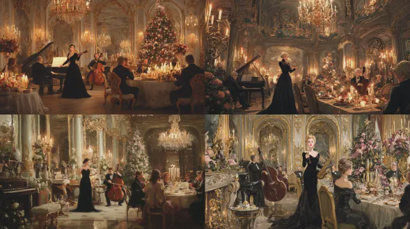 巴洛克风格的奢华圣诞插画，具油画古典美学，乃19世纪晚期欧洲沙龙绘画。前景中，一位身着黑色丝绒晚礼服的优雅歌手正表演，以温暖烛光映照出富有表现力的姿态。其身后是一支爵士乐队：一位音乐家优雅端坐拉大提琴；另一位音乐家站立吹萨克斯。陈设方面：带有镀金饰线、雕花立柱、水晶吊灯与金框镜子的餐厅尽显奢华巴洛克室内风。空间为圣诞与新年布置得极为华丽：饰有玻璃饰品、蜡烛、花环、花圈的高大圣诞树，节日餐桌布置，灯光柔和。桌旁坐着贵族宾客，着晚礼服，氛围精致富贵且欢庆。呈现油画般质感，可见笔触，暖金色调，深沉阴影，壮观灯光，具电影式构图。似经典博物馆级画作，无现代元素，尽显永恒优雅，细节丰富，洋溢浪漫节日情调