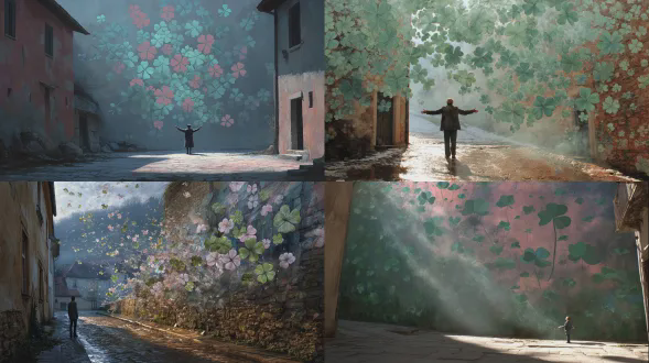 一幅超现实但柔和的电影场景，连接壁画艺术与现实。奥地利村庄的一条古老石巷，早春氛围，空气中有轻柔雾气，温暖的阳光透过建筑间洒落。在一面高大的纹理墙上，一幅巨大的四叶草壁画似乎溶解成许多较小的三叶草飘下，用柔和的粉绿色绘制。在现实世界中，一个人张开双手站在壁画下，静静地迎接飘落的形状。一些三叶草形状似乎逃离墙壁，飘入现实空间，地面上有真实的阴影。一种宁静的魔法、治愈和平静的惊奇感。梦幻般的光线，电影般的深度，魔幻现实主义，无文字