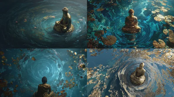 写实风格特写，巨大的金色佛像面带宁静微笑，盘腿悬浮于深蓝色漩涡海洋中央，佛身散发柔和金光，慈悲俯瞰，海底漩涡展现动态纹理，海面有金色莲花与薄雾，航拍俯视构图，超广角镜头，电影级光影，氤氲雾气，神圣庄严，暖金色与深海蓝对比