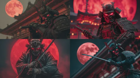佩戴传统鬼面具的武士，发光的红眼睛，逼真雕刻的恶魔面具，双手持武士刀，训练有素的战士姿势，详细的传统武士盔甲，暗红色和黑色色调，背景中的古代日本寺庙，巨大的红色月亮照亮整个场景，戏剧性的电影光线，深邃的阴影，黑暗幻想氛围，雾气和细微烟雾，粗糙纹理，日本神话美学，强大而威严的存在，单一主体，中心构图，超逼真，高度细节，照片级真实感，史诗电影现实主义