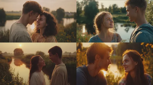 明亮、舒适、积极、写实。日出时的现代白俄罗斯村庄，背景中有一条平静的小河。一对年轻夫妇特写，深情对视，温暖微笑。周围自然环境在背景中略显模糊：绿色田野、树木、野花。柔和的金色晨光，水面倒影，宁静、亲密、浪漫的氛围。电影摄影风格，高细节，无文字